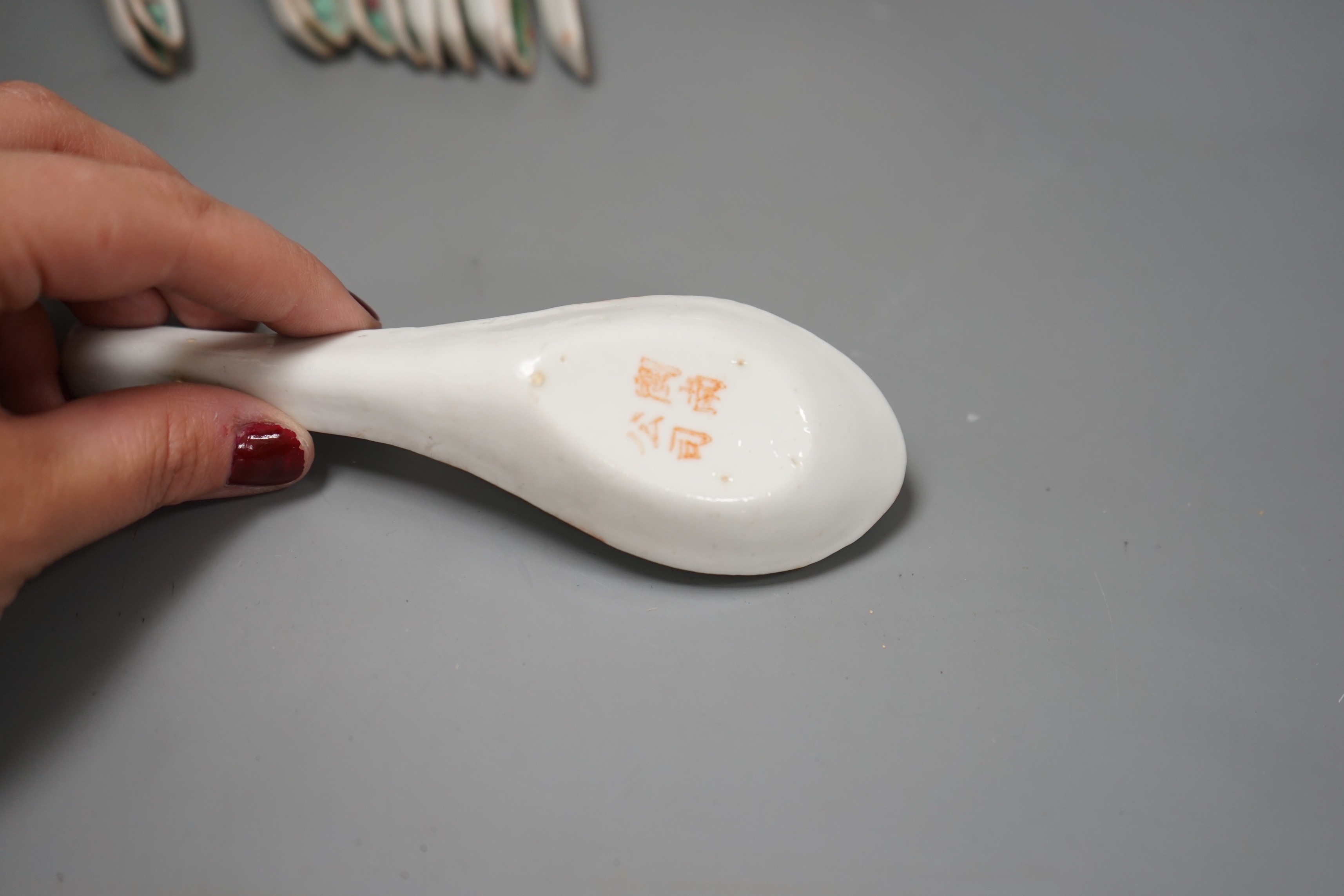 A group of 20th-century Chinese enamelled porcelain spoons, two stands a rice bowl and cover a box and cover and two other items